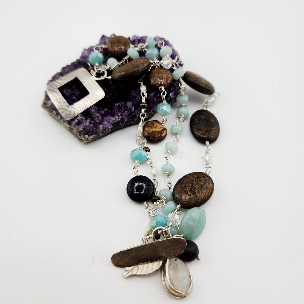 AMAZONITE & BRONZONITE HANDMADE CHARMS BRACELET IN STERLING SILVER